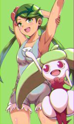  :d arm_behind_back armpits arms_up asada_yo blush collarbone cowboy_shot female green_background green_eyes green_hair grey_shirt grey_shorts highres long_hair looking_at_viewer mallow_(pokemon) open_mouth pokemon pokemon_(anime) pokemon_(creature) pokemon_sm_(anime) shiny_skin shirt short_shorts shorts simple_background sleeveless sleeveless_shirt smile standing steenee swept_bangs twintails 