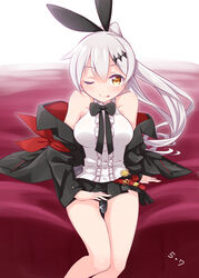  ;p arm_support bare_shoulders black_bow black_jacket black_ribbon black_skirt blush bow breasts brown_eyes center_frills character_name closed_mouth commentary_request crescent crescent_earrings earrings feet_out_of_frame female five-seven_(girls&#039;_frontline) frills girls&#039;_frontline glint gun hair_between_eyes hair_ornament hair_ribbon harada_(sansei_rain) high_ponytail highres huaji jacket jewelry medium_breasts off_shoulder one_eye_closed open_clothes open_jacket pleated_skirt ponytail ribbon shirt sidelocks sitting skirt sleeveless sleeveless_shirt smile solo tongue tongue_out weapon white_hair white_shirt 