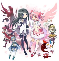  5girls :&gt; :d akemi_homura akemi_homura_(magical_girl) ankle_boots ankle_ribbon apple arm_at_side arms_at_sides belt beret black_gloves black_hair black_hairband black_headwear black_outline black_pantyhose black_ribbon black_thighhighs blonde_hair blue_belt blue_eyes blue_footwear blue_hair blue_skirt blush_stickers boots breasts brown_footwear bubble_skirt buttons cape cape_hold capelet charlotte_(madoka_magica) choker clenched_hands closed_mouth collarbone commentary_request corset creature cross-laced_footwear cup detached_sleeves dot_nose drill_hair fingerless_gloves fingernails flat_chest flower food fortissimo framed_breasts frilled_legwear frilled_skirt frilled_sleeves frills from_side fruit gecchu gloves grey_capelet grey_skirt grin hair_flower hair_ornament hair_ribbon hairband hairclip half-closed_eyes hand_up hands_up happy hat high_collar high_ponytail highres holding holding_cup holding_food holding_fruit holding_hands impossible_clothes index_finger_raised jitome kaname_madoka kaname_madoka_(magical_girl) kneehighs kyuubee leg_ribbon leg_up legs_together light_blush long_hair long_sleeves looking_at_viewer looking_to_the_side magical_girl mahou_shoujo_madoka_magica mahou_shoujo_madoka_magica_(anime) md5_mismatch miki_sayaka miki_sayaka_(magical_girl) multicolored_eyes multiple_girls musical_note musical_note_hair_ornament neck_ribbon nurse_cap ok_sign open_mouth outline pantyhose parted_bangs pink_eyes pink_hair pink_ribbon pink_wings pleated_skirt polka_dot profile puffy_short_sleeves puffy_sleeves purple_eyes purple_ribbon pyotr_(madoka_magica) red_choker red_eyes red_footwear red_hair red_ribbon red_wings ribbon ribbon_choker sakura_kyoko sakura_kyoko_(magical_girl) sharp_teeth short_hair short_sleeves short_twintails simple_background skirt small_breasts smile socks solid_oval_eyes soul_gem sparkle straight_hair strapless striped_clothes striped_thighhighs teacup teeth thighhighs tomoe_mami tomoe_mami_(magical_girl) twin_drills twintails vertical-striped_clothes vertical-striped_thighhighs white_background white_cape white_gloves white_legwear white_skirt wings witch_(madoka_magica) yellow_eyes yellow_ribbon yellow_skirt zettai_ryouiki 