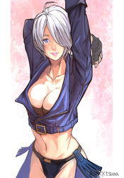  angel_(kof) arm_up blue_eyes bra breasts chaps commentary_request crop_top cropped_jacket female fingerless_gloves gloves hair_over_one_eye jacket large_breasts leather leather_jacket lipstick looking_at_viewer makeup navel snk solo strapless strapless_bra the_king_of_fighters the_king_of_fighters_xiv the_king_of_fighters_xv toned tsuna_(akmu8832) underwear white_hair 