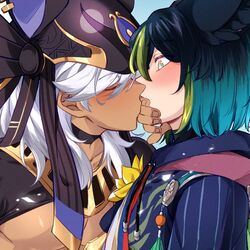  2boys animal_ears animal_hat bishounen blush choker closed_eyes commentary covering_another&#039;s_mouth crimsonwaltz cyno_(genshin_impact) dark-skinned_male dark_skin english_commentary eye_contact face-to-face flower fox_boy fox_ears genshin_impact green_eyes green_hair hair_between_eyes hand_on_another&#039;s_face hat indirect_kiss long_hair looking_at_another male_focus multicolored_hair multiple_boys solo_focus streaked_hair tighnari_(genshin_impact) white_hair yaoi yellow_flower 