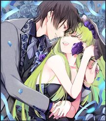  1boy :d bare_shoulders black_dress bridal_veil brown_hair c.c. code_geass couple dress female flower formal green_hair grey_suit highres holding holding_flower hug hug_from_behind jewelry lelouch_vi_britannia long_hair looking_at_another necklace noppo open_mouth parted_lips purple_flower purple_rose rose short_hair smile straight suit teeth upper_teeth_only veil yellow_eyes 