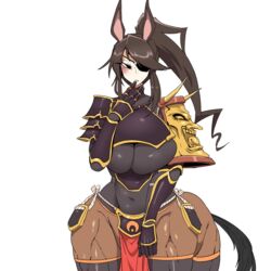  animal_ears armor black_bodysuit black_eyes black_thighhighs blush bodysuit breasts brown_hair centaur commentary_request covered_navel cowboy_shot eyepatch female gauntlets hand_up highres horse_ears horse_tail impossible_bodysuit impossible_clothes japanese_armor korean_commentary kote kurokote large_breasts long_hair looking_at_viewer mannungei monster_girl multiple_legs original parted_lips pelvic_curtain pointy_ears ponytail shoulder_armor shoulder_spikes sidelocks simple_background skindentation sode solo spikes standing tail taur thighhighs white_background 