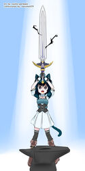  1other alternate_eye_color animal_ears anvil armor arms_up artist_name belt belt_boots black_belt black_gloves black_thighhighs blue_background blue_fur blue_hair blue_tail body_armor boots breastplate brown_footwear cat_ears cat_girl cat_tail chest_armor choker collared_shirt colored_tongue commentary commission commissioner_name cowboy_boots cross-laced_clothes dark_blue_hair dress english_commentary english_text female fingerless_gloves fran_(tensei_shitara_ken_deshita) full_body gloves gradient_background grey_eyes hands_up highres holding holding_sword holding_weapon knee_boots leather leather_belt leather_boots living_weapon long_hair looking_at_another looking_up multicolored_clothes multicolored_gloves open_mouth orange_tongue pleated_dress puffy_short_sleeves puffy_sleeves riding_boots shirt shishou_(tensei_shitara_ken_deshita) short_sleeves skirt solo_focus standing sword tail teeth tensei_shitara_ken_deshita thighhighs thighs tongue twilite-sparkleplz unsheathed upper_teeth_only weapon white_background white_choker white_dress white_gloves white_skirt yellow_gemstone 