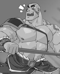  1boy ^^^ abs armor bald bara bare_pectorals blush bulge cheschirebacon chest_harness cowboy_shot critical_role dungeons_&amp;_dragons greyscale grog_strongjaw harness head_tattoo highres holding holding_polearm holding_weapon large_pectorals loincloth looking_down male_focus mature_male monochrome muscular muscular_male navel nipples open_mouth out-of-frame_censoring paid_reward_available pauldrons pectorals polearm shoulder_armor shoulder_tattoo single_pauldron solo stomach sweatdrop tattoo the_legend_of_vox_machina thick_eyebrows weapon 