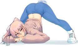  absurdres arm_support artist_name ass blue_hair blue_pants blush bright_pupils closed_mouth female full_body gradient_hair hair_between_eyes highres jack-o&#039;_challenge long_hair long_sleeves looking_at_viewer multicolored_hair original pants pink_hair pink_sweater ponytail shoes simple_background sneakers solo spread_legs suraya_(z666ful) sweater top-down_bottom-up white_background white_footwear yoga_pants z666ful 