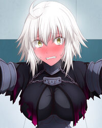  ahoge black_cape blonde_hair blush breasts cape chains clenched_teeth embarrassed fate/grand_order fate_(series) feather_trim female full-face_blush hasebe_akira highres jeanne_d&#039;arc_alter_(avenger)_(fate) jeanne_d&#039;arc_alter_(fate) kabedon looking_at_viewer medium_breasts solo sweatdrop tearing_up teeth yellow_eyes 