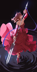  animal_ear_fluff animal_ears black_background blue_ribbon brown_hair commentary_request detached_sleeves dress female fox_ears from_behind full_body high_heels highres holding holding_polearm holding_weapon long_hair looking_at_viewer looking_back original parted_lips polearm red_dress red_footwear red_sleeves ribbon ripples solo stadium strapless strapless_dress tsuki-shigure water weapon 