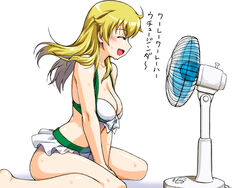  barefoot bikini blonde_hair carpaccio_(girls_und_panzer) closed_eyes commentary_request electric_fan fan_speaking female frilled_bikini frills from_side front-tie_bikini_top front-tie_top girls_und_panzer green_bikini leaning_forward long_hair medium_hair oosaka_kanagawa open_mouth simple_background sitting smile solo sweatdrop swimsuit translated v_arms wariza white_background white_bikini wind 