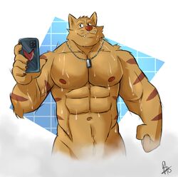  2023 abs absurd_res anthro biceps cellphone chance_furlong dog_tags electronics felid feline grin half-length_portrait hanna-barbera hi_res holding_cellphone holding_object holding_phone holding_smartphone jewelry male mammal muscular navel necklace nipples nude obenpanda pecs phone portrait selfie smartphone smile solo swat_kats taking_selfie tile tile_wall triceps wall_(structure) wet 