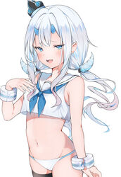  :d absurdres auui bare_shoulders bikini black_thighhighs blue_eyes blue_horns blue_neckerchief blush breasts commentary cowboy_shot crown female groin hand_up highres horns long_hair looking_at_viewer low_twintails mini_crown navel neckerchief oerba_yun_fang oni original pointy_ears sailor_collar shirt simple_background single_thighhigh sleeveless sleeveless_shirt small_breasts smile solo swimsuit thighhighs tilted_headwear twintails very_long_hair white_background white_bikini white_hair white_sailor_collar white_shirt 