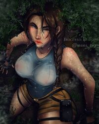  annoyed blue_tank_top braid breasts brown_eyes brown_hair covered_nipples female foliage from_above frown hot i-ledford jungle lara_croft large_breasts lips looking_at_viewer looking_up nature nipples rainforest see-through see-through_shirt shadow shirt shorts sleeveless solo steam summer sweat tank_top thighs tomb_raider wet wet_clothes wet_hair 