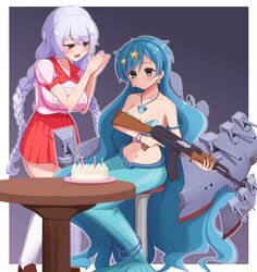  2girls :d absurdres ak-47 armlet assault_rifle avrora_(azur_lane) azur_lane bare_shoulders bead_tail_ornament birthday_cake blue_eyes blue_hair blush bracelet braid breasts buttons cake cleavage closed_mouth collarbone commentary_request commission cosplay crossover double-breasted earrings food full_body groin gun hair_between_eyes hair_ornament highres holding holding_gun holding_weapon houshou_hanon houshou_hanon_(cosplay) houshou_hanon_(mermaid) jewelry kalashnikov_rifle kneehighs large_breasts loafers long_hair looking_at_another medium_breasts mermaid mermaid_melody_pichi_pichi_pitch monster_girl mujin_(mujinzairaisen) multiple_girls navel necklace open_mouth own_hands_together pearl_bracelet pink_shirt pixiv_commission pleated_skirt red_sailor_collar red_skirt rifle rigging sailor_collar school_uniform shell shell_bikini shell_necklace shirt shoes sidelocks sitting skirt smile smokestack socks standing star_(symbol) star_earrings star_hair_ornament stomach stool table trigger_discipline turret twin_braids very_long_hair weapon white_hair white_socks 