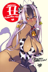  2021 animal_print bell bikini black_hair blush breasts chinese_zodiac cleavage collar covered_nipples cow_print cow_print_bikini dark-skinned_female dark_skin elbow_gloves female gloves happy_new_year highres horns large_breasts leaning_forward long_hair long_pointy_ears multicolored_hair namaniku_atk neck_bell new_year nose_blush pointy_ears print_bikini sansei_muramasa solo soukou_akki_muramasa swimsuit tag thighhighs very_long_hair white_hair year_of_the_ox yellow_background 