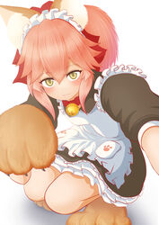  :3 absurdres alternate_costume animal_ear_fluff animal_ears animal_hands apron bell blush breasts cat_hair_ornament cat_paws collar enmaided fate/grand_order fate_(series) female fox_ears fox_girl fox_tail gloves hair_ornament highres jingle_bell long_hair looking_at_viewer looking_up maid maid_apron maid_headdress medium_breasts mimimisao neck_bell paw_gloves paw_shoes pink_hair ponytail simple_background sitting solo tail tamamo_(fate) tamamo_cat_(fate) tamamo_cat_(second_ascension)_(fate) white_background yellow_eyes 