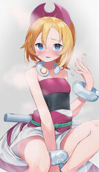  absurdres bad_id bad_pixiv_id bangle bare_shoulders between_legs blonde_hair blue_eyes blush bracelet commentary dress fanning_face fanning_self female grey_background hair_between_eyes hair_ornament hand_between_legs hand_up highres hot irida_(pokemon) jewelry knees_up lazu0721 legs looking_at_viewer necklace open_mouth pokemon pokemon_legends:_arceus red_dress sash short_hair sitting steam strapless sweat 