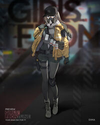  alternate_costume april_fools armband backpack bag baseball_cap belt black_pantyhose black_skirt blue_eyes boots brown_hair buckle character_name commentary copyright_name costume cross-laced_footwear dima_(girls&#039;_frontline) duoyuanjun english_commentary explosive female full_body gas_mask girls&#039;_frontline gloves grenade grey_footwear grey_gloves grey_shirt hat highres holster holstered jacket knee_pads lace-up_boots long_hair looking_at_viewer mask official_art pantyhose promotional_art shirt single_knee_pad skirt snap-fit_buckle solo standing tactical_clothes thigh_holster tom_clancy&#039;s_the_division walkie-talkie watch wristwatch yellow_jacket 