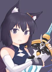  1other alternate_eye_color animal_ears bare_shoulders black_fur black_gloves black_hair blush cat_ears cat_girl commentary earrings female fingerless_gloves fran_(tensei_shitara_ken_deshita) gloves gold_earrings grey_background grey_eyes hand_up highres holding holding_sword holding_weapon jewelry light_blush living_weapon looking_at_viewer open_mouth p4t0n shishou_(tensei_shitara_ken_deshita) simple_background sword tensei_shitara_ken_deshita unsheathed upper_body weapon white_fur 