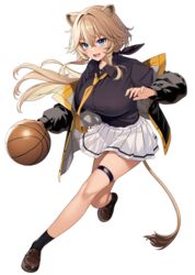  absurdres animal_ears ball basketball basketball_(object) black_jacket black_shirt black_socks blue_eyes breasts brown_footwear brown_hair collared_shirt commentary_request crossed_bangs female full_body hair_between_eyes highres hoshoku_club jacket large_breasts loafers long_hair looking_at_viewer miniskirt necktie open_clothes open_jacket open_mouth orange_necktie pleated_skirt puffy_sleeves shirt shirt_tucked_in shishizaki_airi_(takunomi) shoes sidelocks simple_background skirt socks solo tail takunomi thigh_strap white_background white_skirt 