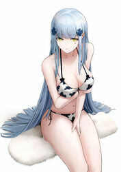  absurdres amamizu_shizuku animal_print bare_shoulders bikini blue_hair breast_hold breasts cleavage closed_mouth collarbone commentary_request cow_print female front-tie_bikini_top front-tie_top girls&#039;_frontline green_eyes hand_on_own_thigh highres hk416_(girls&#039;_frontline) long_hair looking_at_viewer md5_mismatch medium_breasts navel side-tie_bikini_bottom sitting solo swimsuit thighs white_background 