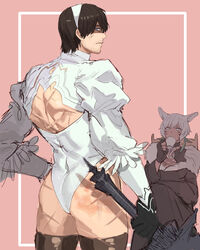  1boy 2b_(nier:automata) 2b_(nier:automata)_(cosplay) absurdres adventurer_(ff14) anger_vein ass back back_cutout black_dress black_gloves blue_eyes closed_mouth clothing_cutout cosplay cup dark_knight_(final_fantasy) dress drinking feather-trimmed_sleeves female final_fantasy final_fantasy_xiv fingerless_gloves gloves grey_hair highres holding holding_cup holding_sword holding_weapon hyur juliet_sleeves long_sleeves looking_at_another looking_at_viewer looking_back male_focus miqo&#039;te muscular muscular_male nier:automata nier_(series) on_(isk1812) profile puffy_sleeves scar scar_on_leg shaded_face sideways_glance sitting sword thighs unamused warrior_of_light_(ff14) weapon y&#039;shtola_rhul 