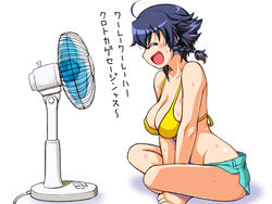  :d barefoot bikini bikini_shorts black_hair braid breasts brown_eyes cleavage closed_eyes commentary_request electric_fan fan_speaking female from_side girls_und_panzer green_bikini hair_tie medium_breasts motion_blur oosaka_kanagawa open_mouth pepperoni_(girls_und_panzer) short_hair shorts side_braid simple_background sitting smile solo sweat swimsuit translated white_background wind yellow_bikini 