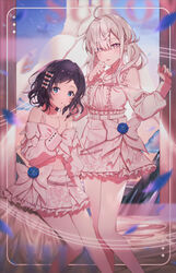  2girls :o aiba_uiha bare_shoulders black_hair blue_eyes blue_flower blue_rose bow braid braided_bangs breasts center_frills clothing_cutout commentary cream floral_print flower frilled_skirt frills grey_hair hairbow highres koori_(superumaice) legs long_hair long_sleeves looking_at_viewer medium_breasts multiple_girls nijisanji off-shoulder_shirt off_shoulder petticoat pink_bow pink_eyes pink_shirt pink_skirt rose satin shirt short_hair shoulder_cutout sitting skirt skirt_set standing sukoya_kana twintails virtual_youtuber 