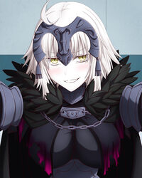  ahoge black_cape blush breasts cape fate/grand_order fate_(series) feather_trim feathered_cape female hasebe_akira headpiece highres jeanne_d&#039;arc_alter_(avenger)_(fate) jeanne_d&#039;arc_alter_(fate) kabedon looking_at_viewer medium_breasts smirk solo upper_body 