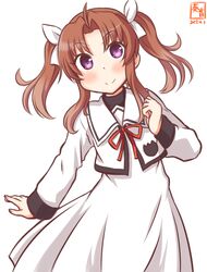  ahoge artist_logo brown_hair commentary_request cosplay cowboy_shot dated dress female hair_ribbon kagerou_(kancolle) kagerou_kai_ni_(kancolle) kanon_(kurogane_knights) kantai_collection long_hair look-alike looking_at_viewer lyrical_nanoha mahou_shoujo_lyrical_nanoha one-hour_drawing_challenge purple_eyes ribbon school_uniform seishou_elementary_school_uniform simple_background solo standing takamachi_nanoha takamachi_nanoha_(cosplay) twintails white_background white_dress white_ribbon 