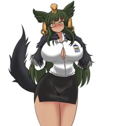  absurdres animal_ears anubis_(monster_girl_encyclopedia) arm_hair bare_legs blush breasts cleavage_cutout clothing_cutout commentary_request deculture feet_out_of_frame female glasses green_eyes green_hair highres huge_breasts id_card long_hair miniskirt monster_girl monster_girl_encyclopedia pencil_skirt side_slit skirt solo sweatdrop tail 