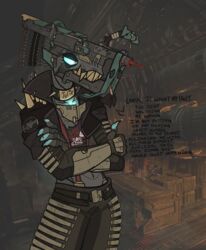  absurd_res animate_inanimate anthro armor belt black_text blood blood_on_face blue_claws bodily_fluids claws clothing collar crop_top dead_space doomlard electronic_arts english_text female glowing glowing_eyes hi_res jacket javelin_gun living_weapon name_tag pointed_nose profanity ranged_weapon sharp_teeth shirt solo spikes suspenders teeth text topwear visceral_games weapon 