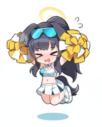  &gt;_&lt; animal_ears arms_up bare_shoulders black_hair blue_archive blush breasts cheerleader chibi cleavage closed_eyes clothes_writing crop_top dog_ears dog_girl dog_tail eyewear_on_head female flying_sweatdrops full_body halo hibiki_(blue_archive) hibiki_(cheer_squad)_(blue_archive) highres holding holding_pom_poms jumping korean_commentary kumarang long_hair medium_breasts midair midriff millennium_cheerleader_outfit_(blue_archive) miniskirt navel open_mouth pleated_skirt pom_pom_(cheerleading) ponytail shirt shoes simple_background skirt sleeveless sneakers solo sunglasses tail white_background white_footwear white_skirt yellow_halo 