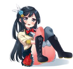  afterschool_school_idol_(love_live!) ass bad_id bad_pixiv_id black_footwear black_hair black_thighhighs blue_flower blue_rose blush boots bow bowtie brown_jacket commentary_request dress feather_hair_ornament feathers female flower frills gloves grey_eyes hair_flower hair_ornament highres jacket knees_up long_hair looking_at_viewer love_live! love_live!_nijigasaki_high_school_idol_club love_live!_school_idol_festival_all_stars pink_thighhighs red_bow red_bowtie rose shirt simple_background solo teeth thighhighs totoki86 upper_teeth_only white_background white_gloves white_shirt yuki_setsuna_(love_live!) 