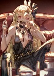  black_choker black_dress blonde_hair bracelet choker couch dark-skinned_female dark_skin dress female fork granblue_fantasy hair_ornament helel_ben_shalem highres holding holding_fork jewelry looking_at_viewer muramitsu_(d3jgv) on_couch pacifier pearl_bracelet red_eyes sitting solo 