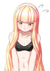  absurdres black_bra blonde_hair blunt_bangs bra breast_conscious breasts breasts_squeezed_together cleavage commentary english_commentary female hairband highres long_hair multiple_moles navel orange_eyes original pout scarletknives-x small_breasts solo underwear very_long_hair white_hairband 