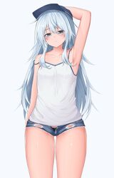  88942731ne armpits ass_visible_through_thighs black_hat blue_eyes blue_shorts blush camisole closed_mouth collarbone cowboy_shot denim denim_shorts female flat_cap grey_background grey_hair hair_between_eyes hat hibiki_(kancolle) highres kantai_collection long_hair short_shorts shorts simple_background solo spaghetti_strap 