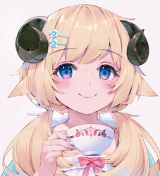  absurdres andychen animal_ears blonde_hair blue_eyes blush bow closed_mouth cup female flower hair_flower hair_ornament hair_over_shoulder hairclip hand_up highres holding holding_cup hololive horns long_hair looking_at_viewer low_twintails official_alternate_costume official_alternate_hairstyle pink_bow sheep_ears sheep_girl sheep_horns simple_background smile solo teacup tsunomaki_watame tsunomaki_watame_(loungewear) twintails upper_body virtual_youtuber 