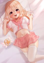  absurdres astolfo_(fate) astolfo_(fate)_(cosplay) astolfo_(sailor_paladin)_(fate) astolfo_(sailor_paladin)_(fate)_(cosplay) bad_id bad_pixiv_id bed_sheet blonde_hair blush breasts commentary_request cosplay crop_top fate/grand_order fate/kaleid_liner_prisma_illya fate_(series) female hair_between_eyes highres illyasviel_von_einzbern long_hair looking_at_viewer lying magical_ruby midriff neckerchief official_alternate_costume on_back open_mouth pillow pink_neckerchief pink_sailor_collar pink_skirt red_eyes sailor_collar school_uniform serafuku shirt short_sleeves sidelocks skirt small_breasts smile solo takio_(kani_sama) thighhighs thighs white_shirt white_thighhighs 