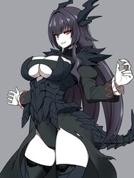  alduin black_coat black_footwear black_hair black_horns black_leotard breasts claw_pose clothing_cutout coat cowboy_shot dragon_girl dragon_horns dragon_tail female genderswap_(mtf) grey_background grin groin hands_up highres horns lace-trimmed_legwear lace_trim large_breasts leotard long_hair long_sleeves looking_at_viewer monster_girl okamura_(okamura086) open_mouth personification red_eyes rule_63 sharp_teeth sidelocks simple_background slit_pupils smile solo spikes tail teeth the_elder_scrolls the_elder_scrolls_v:_skyrim tsurime underboob underboob_cutout 