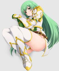  arm_guards armor ashita_yaru ass belt brown_belt clothes_between_thighs dress erinys_(fire_emblem) female fingerless_gloves fire_emblem fire_emblem:_genealogy_of_the_holy_war full_body gloves gold_trim green_dress green_eyes green_gloves long_hair lying no_panties on_side pegasus_knight_uniform_(fire_emblem) shoulder_armor solo thighhighs thighs two-tone_dress upskirt very_long_hair white_armor white_dress white_footwear white_thighhighs 