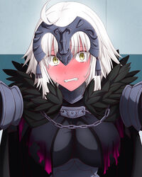  ahoge blonde_hair blush breasts clenched_teeth fate/grand_order fate_(series) feather_trim feathered_cape female full-face_blush hasebe_akira headpiece highres jeanne_d&#039;arc_alter_(avenger)_(fate) jeanne_d&#039;arc_alter_(fate) kabedon looking_at_viewer medium_breasts solo sweatdrop tearing_up teeth yellow_eyes 