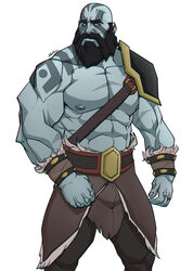  1boy abs absurdres alternate_facial_hair armor bald bara bare_pectorals beard blue_skin chest_harness colored_skin critical_role dungeons_&amp;_dragons facial_hair feet_out_of_frame grog_strongjaw harness head_tattoo highres large_pectorals loincloth long_beard male_focus mature_male mr_nellory muscular muscular_male nipples pauldrons pectorals pelvic_curtain shoulder_armor shoulder_tattoo single_pauldron solo standing stomach tattoo the_legend_of_vox_machina thick_eyebrows 