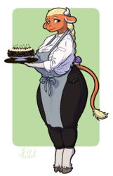  2022 anthro apron big_breasts black_bottomwear black_clothing black_pants blue_eyes bottomwear bovid bovine braided_hair breasts cake cattle clothed clothing curvy_figure dessert digital_media_(artwork) dress_shirt eyebrows eyelashes fan_character female food fully_clothed haibet hair hi_res horn huge_breasts long_hair looking_at_viewer maita_(character) mammal pants shirt simple_background smile solo standing thick_thighs topwear waitress_uniform wide_hips 