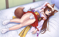  animal_ear_fluff animal_ears arm_up bare_shoulders bed bell blue_eyes blush brown_hair closed_mouth clothes_lift detached_sleeves female fox_ears fox_girl fox_tail full_body fundoshi groin hair_bell hair_between_eyes hair_ornament highres indoors iroha_(iroha_matsurika) japanese_clothes jingle_bell kimono long_hair long_sleeves looking_at_viewer lying no_shoes nontraditional_miko obi on_back on_bed original parted_bangs pillow pleated_skirt red_skirt ribbon-trimmed_sleeves ribbon_trim sarashi sash skirt skirt_lift sleeveless sleeveless_kimono smile socks solo tabi tail twitter_username very_long_hair white_kimono white_sleeves white_socks wide_sleeves 