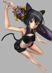  1other animal_ears arm_up armpits bare_arms bare_shoulders barefoot black_fur black_hair black_shorts black_tail blue_eyes breasts cat_ears cat_girl cat_tail commentary earrings feet female fran_(tensei_shitara_ken_deshita) from_above full_body gold_earrings grey_background hair_between_eyes highres holding holding_sword holding_weapon jewelry living_weapon looking_at_viewer looking_up medium_breasts midriff red_eyes rokuba sheath sheathed shiny_clothes shishou_(tensei_shitara_ken_deshita) short_shorts shorts simple_background slit_pupils stomach sword tail tensei_shitara_ken_deshita thighs weapon 