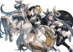  3girls :o aiguillette alchemy_stars armor bare_legs bare_shoulders black_gloves black_skirt black_thighhighs blonde_hair blue_hair breasts cleavage cleavage_cutout closed_mouth clothing_cutout commission crossover detached_collar detached_sleeves dizzy_(guilty_gear) fingerless_gloves gloves guilty_gear guilty_gear_xrd hair_intakes hair_ornament hair_ribbon highres jacket large_breasts large_tail looking_at_another medium_breasts miniskirt monster_girl multiple_girls oeillet_vie off_shoulder one_eye_closed open_mouth red_eyes ribbon shoulder_armor sidelocks simple_background skeb_commission skirt tail tail_ornament tail_ribbon thigh_strap thighhighs thighs twintails vice_(alchemy_stars) white_background white_thighhighs wide_sleeves yellow_eyes yellow_ribbon 