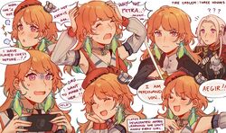  +_+ 2girls ? byleth_(female)_(fire_emblem) byleth_(female)_(fire_emblem)_(cosplay) byleth_(fire_emblem) chef_hat closed_eyes coat commentary cosplay crying earrings edelgard_von_hresvelg english_commentary english_text expressions feather_earrings feathers fire_emblem fire_emblem:_three_houses hat highres hololive hololive_english jewelry multiple_girls multiple_views nintendo_switch orange_hair orange_headwear sparkle sweat takanashi_kiara tearing_up tears virtual_youtuber white_hair yukari_(bryleluansing) 