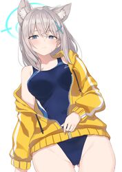  animal_ears ass_visible_through_thighs blue_archive blue_eyes blush breasts closed_mouth commentary competition_swimsuit cowboy_shot earrings extra_ears eyelashes female goyain grey_hair hair_between_eyes halo jacket jewelry large_breasts looking_at_viewer mismatched_pupils official_alternate_costume one-piece_swimsuit shiroko_(blue_archive) shiroko_(swimsuit)_(blue_archive) simple_background solo standing swimsuit white_background wolf_ears wolf_girl yellow_jacket 