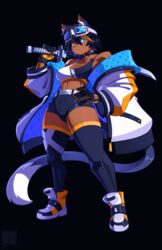  :&lt; absurdres animal_ear_fluff animal_ears black_background black_choker black_gloves black_hair black_shorts black_thighhighs blue-tinted_eyewear blue_eyes breasts cat_ears cat_girl cat_tail choker coat crop_top dark-skinned_female dark_skin down_jacket female full_body gloves goggles goggles_on_head hair_between_eyes hand_on_own_hip heterochromia highres holding holding_sword holding_weapon jacket kat_(ueko) katana linea_alba long_tail looking_at_viewer medium_breasts midriff multicolored_coat multicolored_hair open_clothes open_coat orange_eyes orange_gloves orange_hair original over_shoulder shoes short_hair short_shorts shorts sneakers solo sports_bra streaked_hair sword sword_over_shoulder tail thick_thighs thighhighs thighs tinted_eyewear toned two-tone_gloves two-tone_sports_bra ueko_(ueko_t) weapon weapon_over_shoulder white_coat white_footwear 