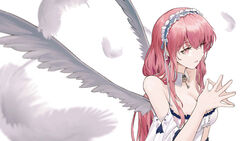  absurdres amamizu_shizuku angel_wings azur_lane breasts cleavage dress feathered_wings feathers female hairband hand_on_hand highres key long_hair looking_at_viewer medium_breasts open_mouth perseus_(azur_lane) pink_eyes pink_hair solo white_background white_dress wings 